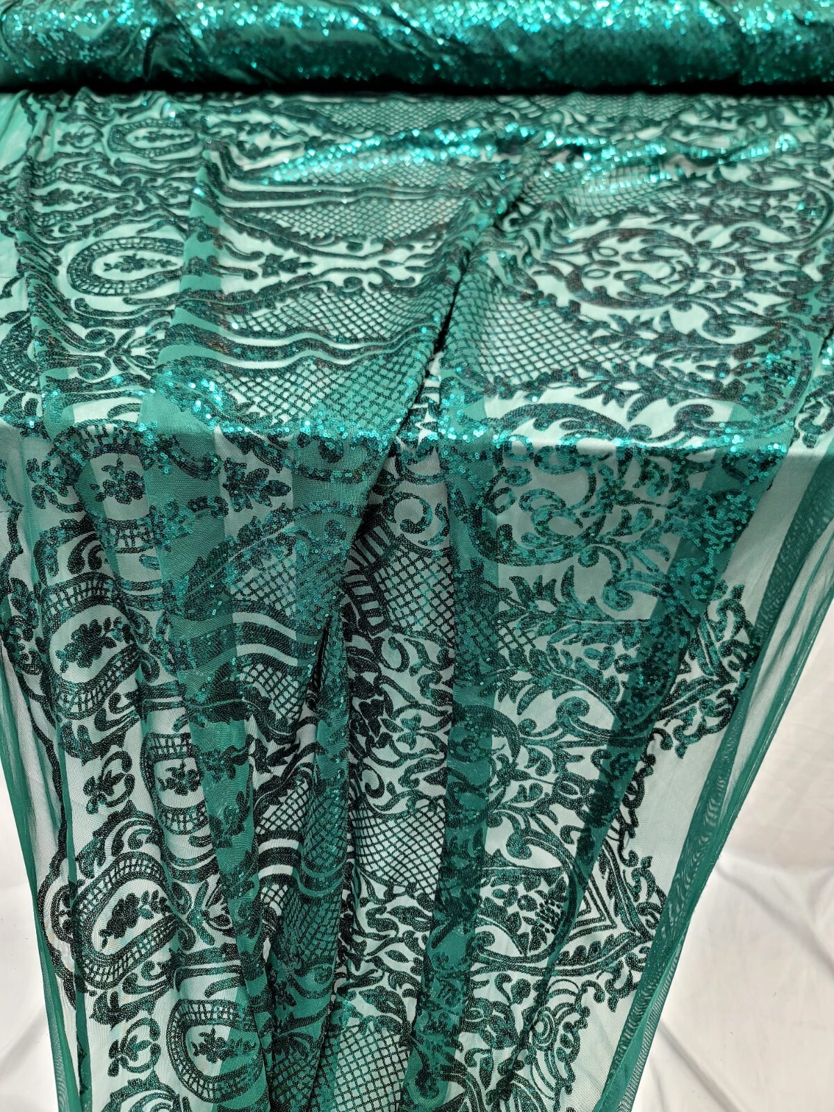 Damask Fabric Emerald Green Sequins Embroidered Mesh Stretch Fabric By