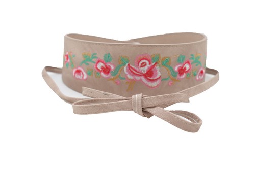 Women Beige Faux Leather Kimono Asian Dress Up Flashy Belt Red Rose Flowers S M - Picture 7 of 12