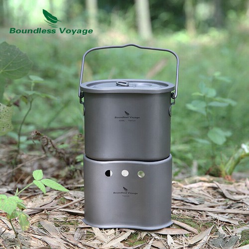 Camping Titanium Pot Wood Stove Set 2 in1 Outdoor Canteen Cup Hanging Pot Burner - Picture 5 of 18