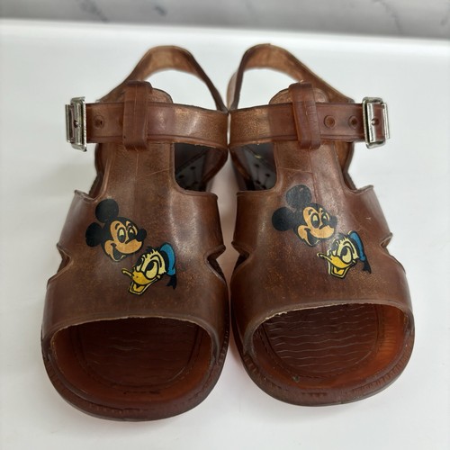 Disney Mickey Mouse 70s Vintage Kids Jelly Sandals Rare Brown 6 C Retro Unisex - Picture 2 of 11