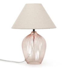 Glass Base Table Lamp Bedside Light Fabric Cream Tapered Shade Living Room Light