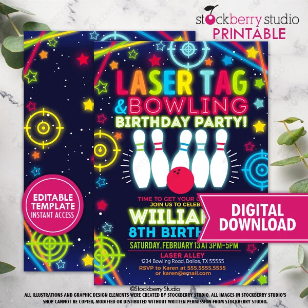 Convite de festa de aniversário boliche com etiqueta laser impresso menino neon brilho jogos de fliperama - Imagem 2 de 3