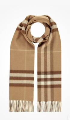 $609 Burberry Classic GIANT Icon Check Cashmere Scarf Mid Camel