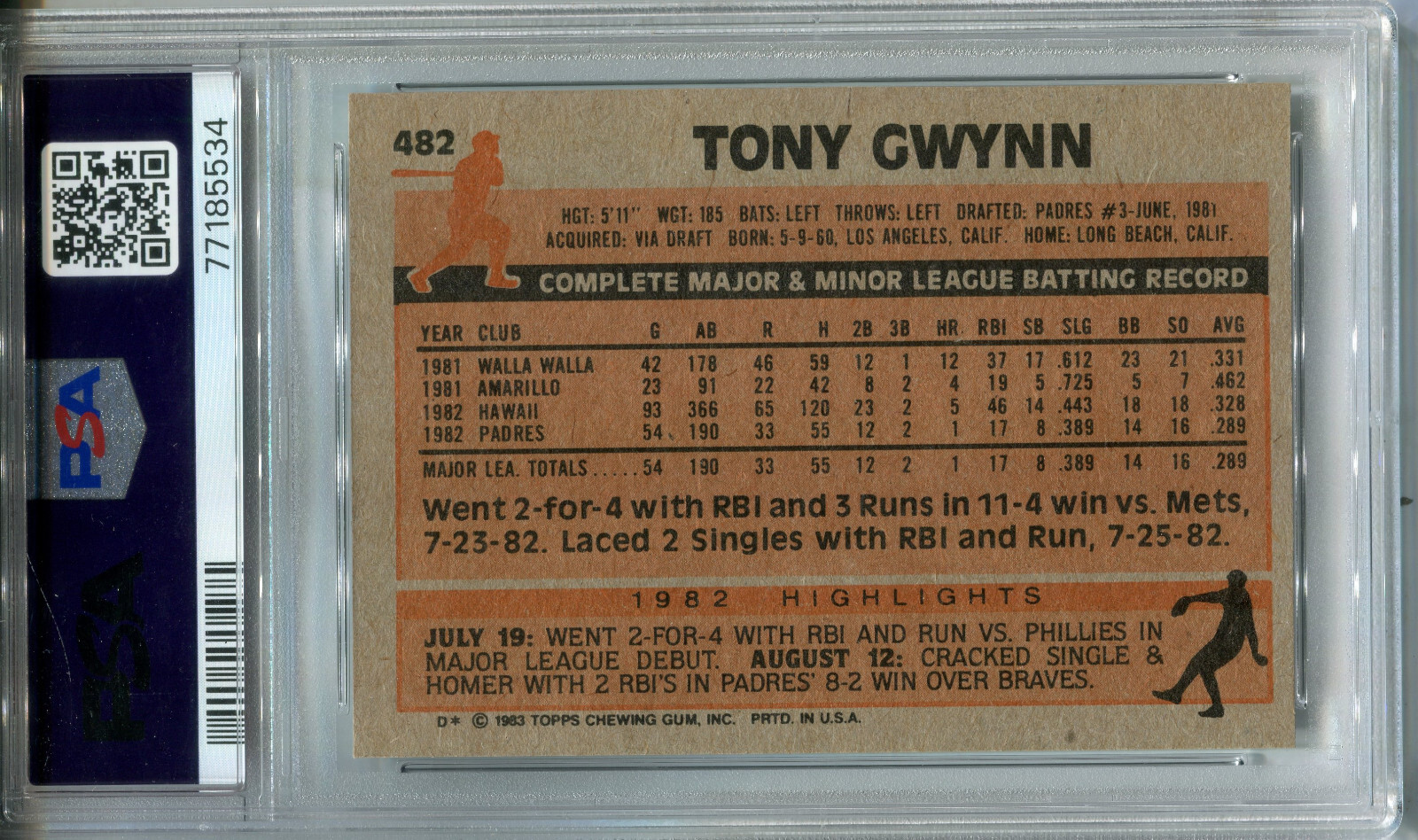 1983 Topps #482 Tony Gwynn Rookie PSA 8 NM-MT San Diego Padres - Picture 2 of 2