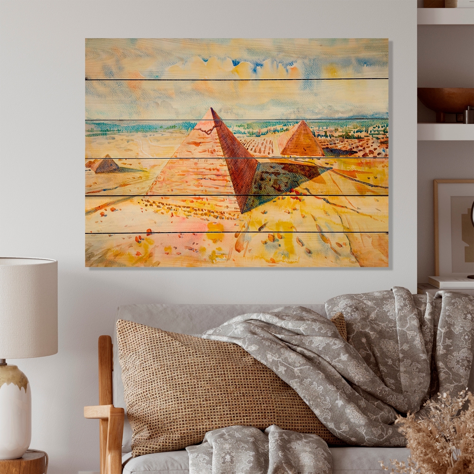 Designart 'Pyramid Of Egypt Painting' Vintage Wood Wall Art Panels - Natural