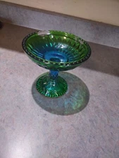 Blue Green Pedestal Table Glass Gradient Faceted 1970s Vintage