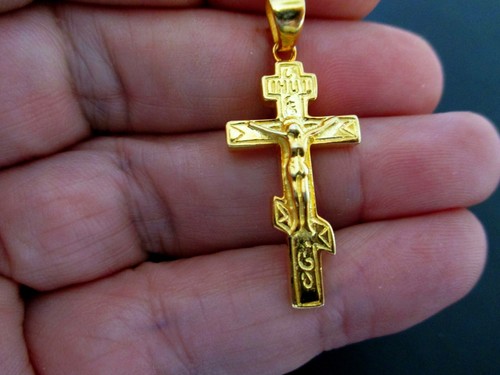 LARGE GILDED STERLING SILVER ORTHODOX CROSS, PENDANT FROM JERUSALEM, BLESSED #19 - Picture 1 of 5