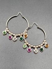 Sterling Silver Multi Colored Heart Charms Hoop Earrings