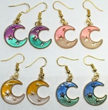 Moon Star Earrings Blue Green Purple Pink Yellow Colorful Lovely Gold Hook Style