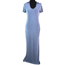 CIDER Powder Blue Slinky Maxi Dress with Collar Short Sleeve Slinky Jersey M 