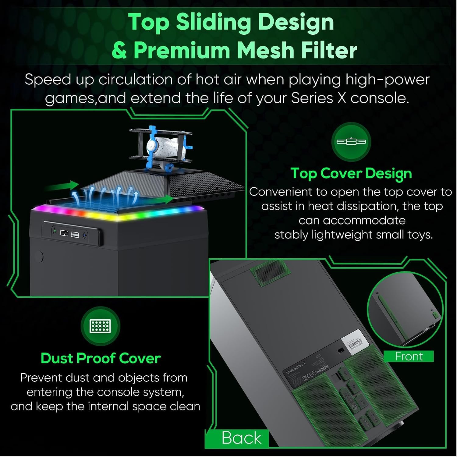 Ventola di Raffreddamento per Xbox Series X, Velocità Manuale Auto con Filtro Antipolvere e 7 Luci RGB foto 6