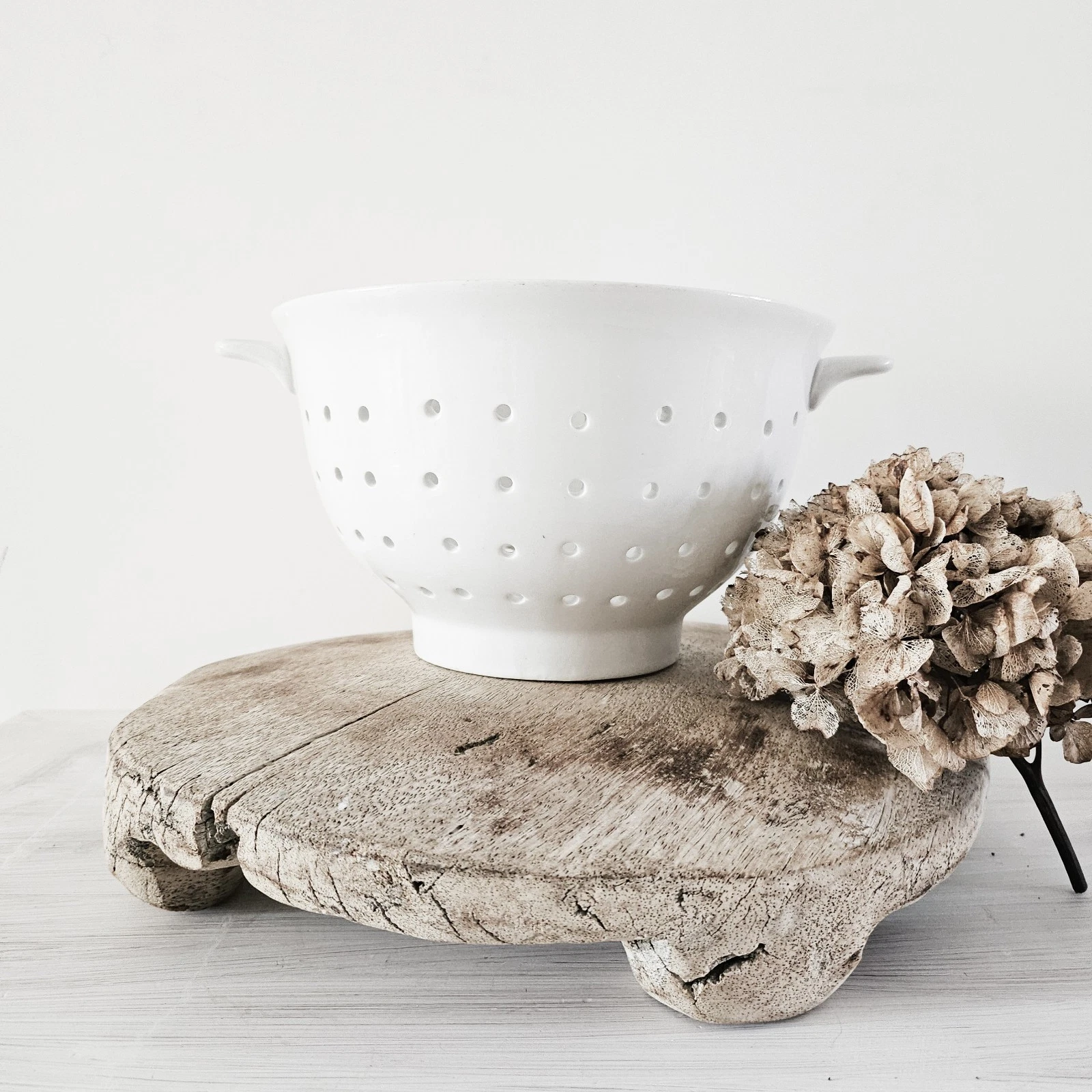 Antique Porcelain Colander Vtg White Rustic Kitchenalia Ceramic Farmhouse 11"
