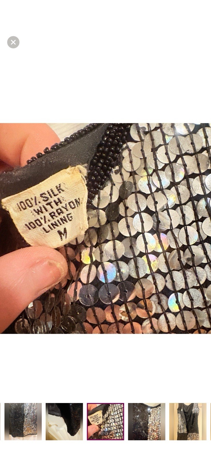 Vintage 100% Silk Sequin Patchwork Black Silver M… - image 6