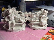 Pair of Antique German Bisque Spill Vases Figurines Boy and Girl with birds
