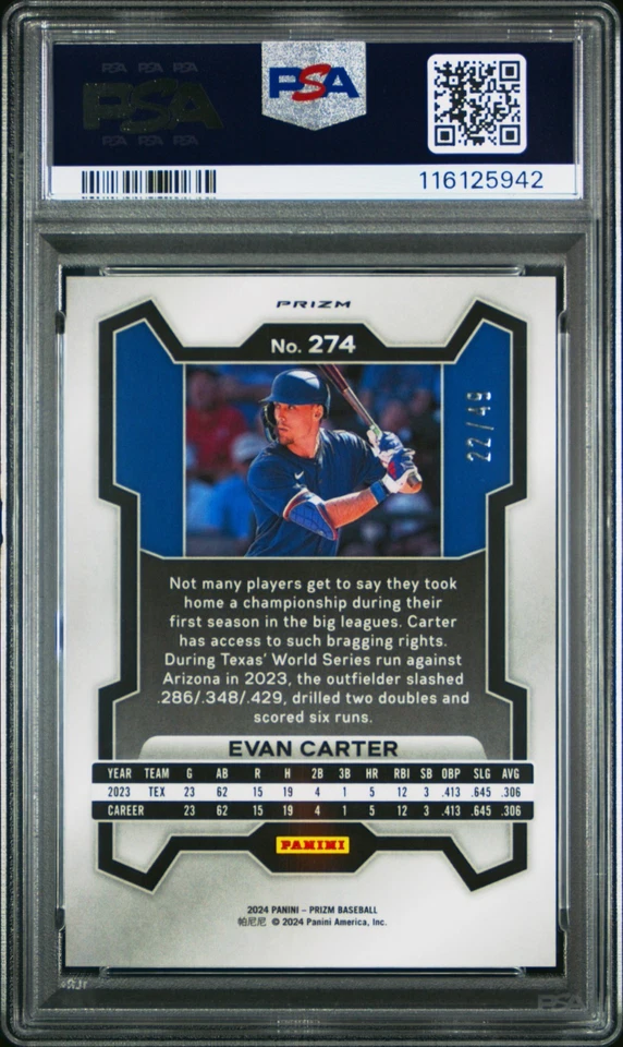 2024 Panini Prizm Evan Carter Rookie Card #274 PSA 10 /49 POP 1 - Image 2 of 2