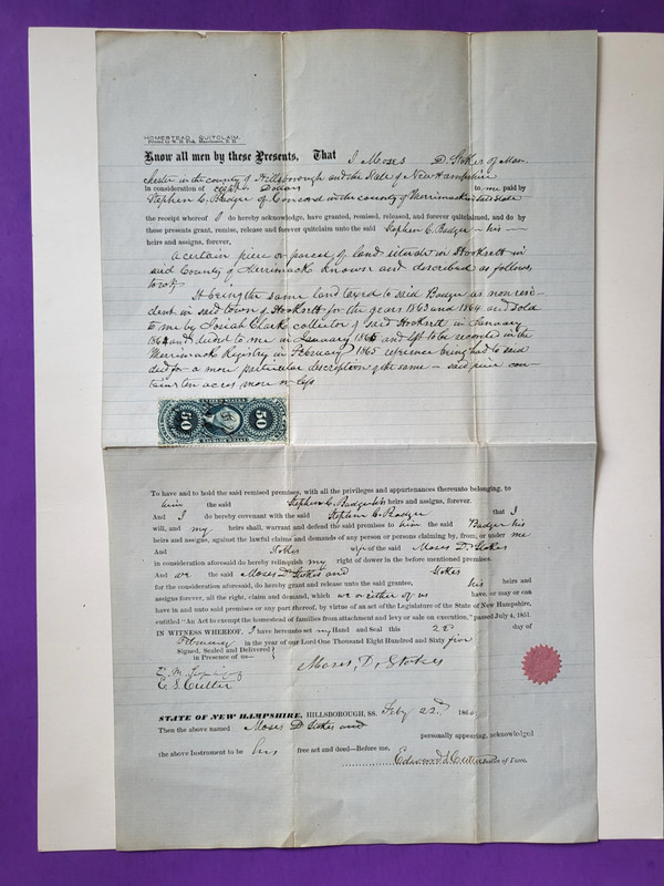 19thC quitclaim deed legal document Hooksett New Hampshire 50ct revenue stamp