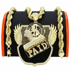 Large 14K Gold Tone Iced Paid Money Cash Badge Pendant  + 24" Rope Chain Jewelry