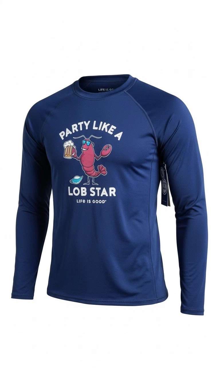 Life Is Good Men’s Medium Rash Guard Swim Shirt Party Like A Lob Star Navy NWT