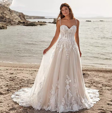 Vintage Wedding Dress A-Line Applique Beading Spaghetti Strap Court Train