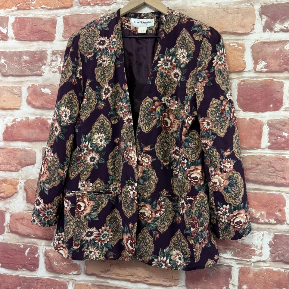 Blazer De Colección Norton McNaughton Mujer 12 Borgoña Multicolor Boho Floral Chaqueta Foto 3 de 4