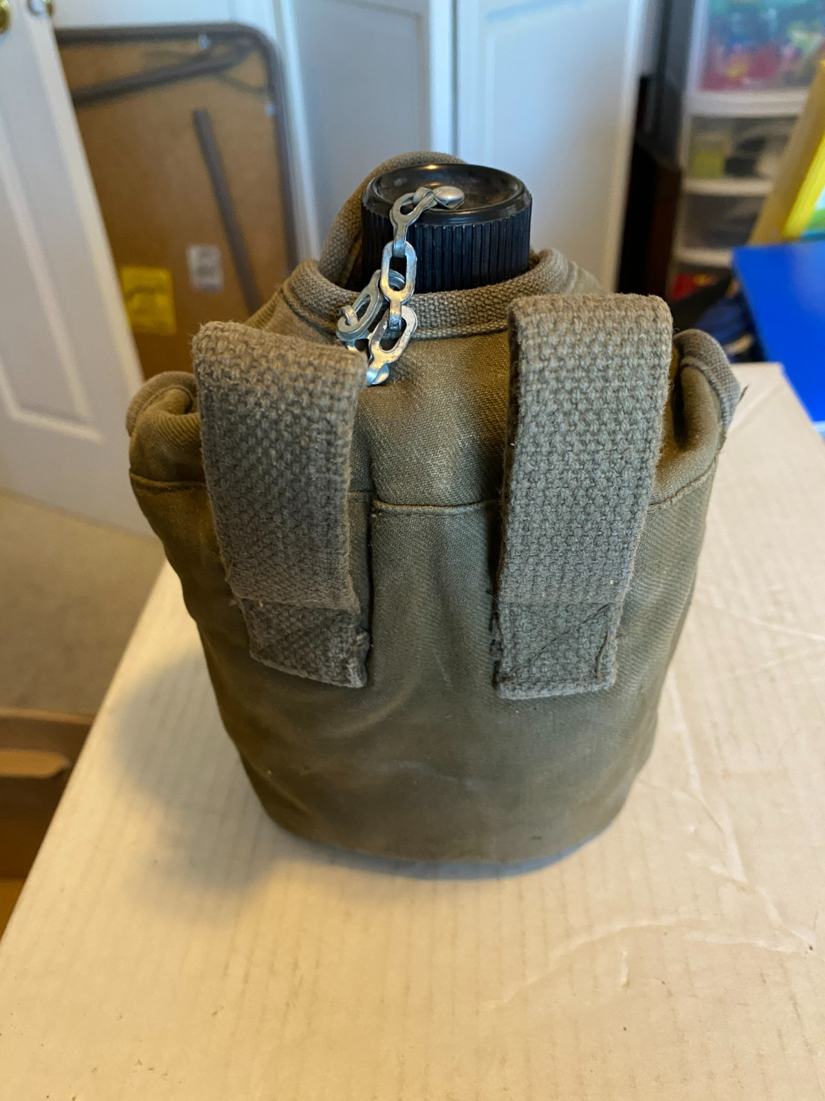 Vintage military aluminum dented canteen w/ green canvas cover unmarked