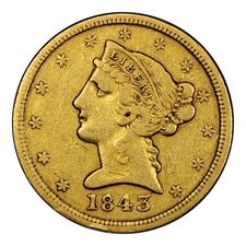 1843-D $5 Gold Liberty PCGS VF Details Medium D
