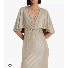 Vintage Sequin Dress Gold Sheath Midi Sz XL SHINY Twist Top Wrap Holiday Party