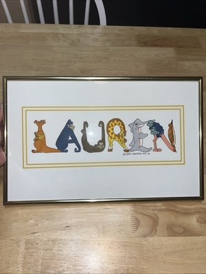 Vintage 1993 Cheryl Robertson Framed Watercolor Name ''Lauren Animals Wall Art