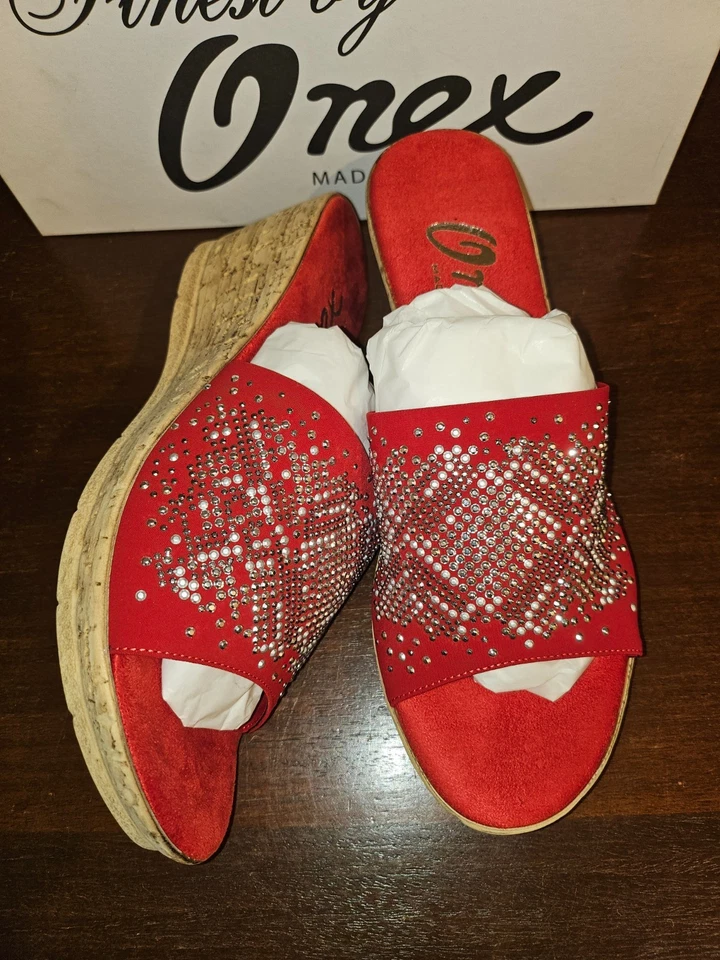 Sandália anabela Onex Joline vermelha/prata cravejada feminina EUA 9 nova na caixa - Imagem 2 de 4