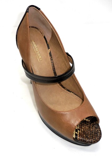 New MARCO SANTI Womens SZ 9 B TAN / BLACK Leather Open Toe Heels Platform Shoes - Picture 7 of 10
