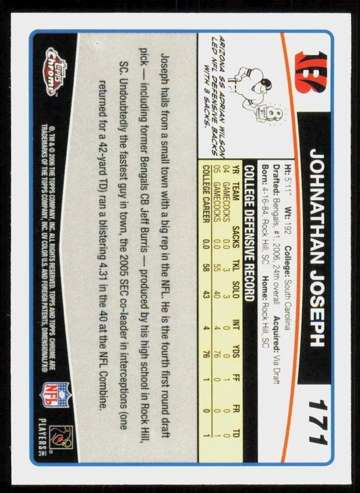 2006 Topps Chrome Special Edition Rookie Johnathan Joseph #171 - Image 2 of 2