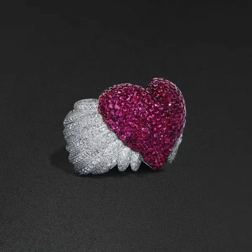 5.8Ct Lab Created Ruby Angel Wing Heart Cocktail Ring 14k White Gold Finish - Picture 9 of 14