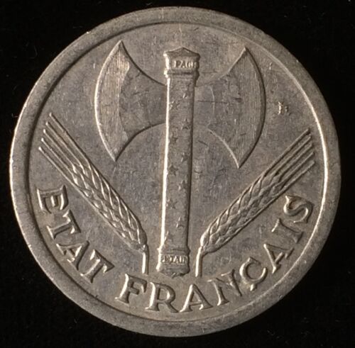 1943 Vichy France 2 Francs, WW2, Double Bladed Axe