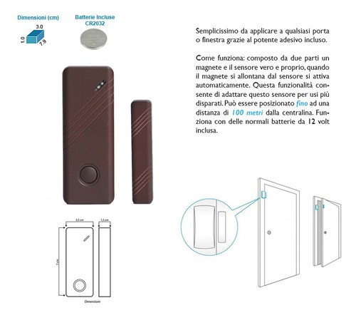 KIT 10 SENSORI MAGNETICI PORTE FINESTRE MARRONI ALLARME ANTIFURTO CASA WIRELESS - Afbeelding 4 van 4