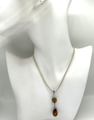 Topaz & Copper Pavé Rhinestone & Glass Teardrop Pendant on Beige 20" Suede Cord - Picture 2 of 4