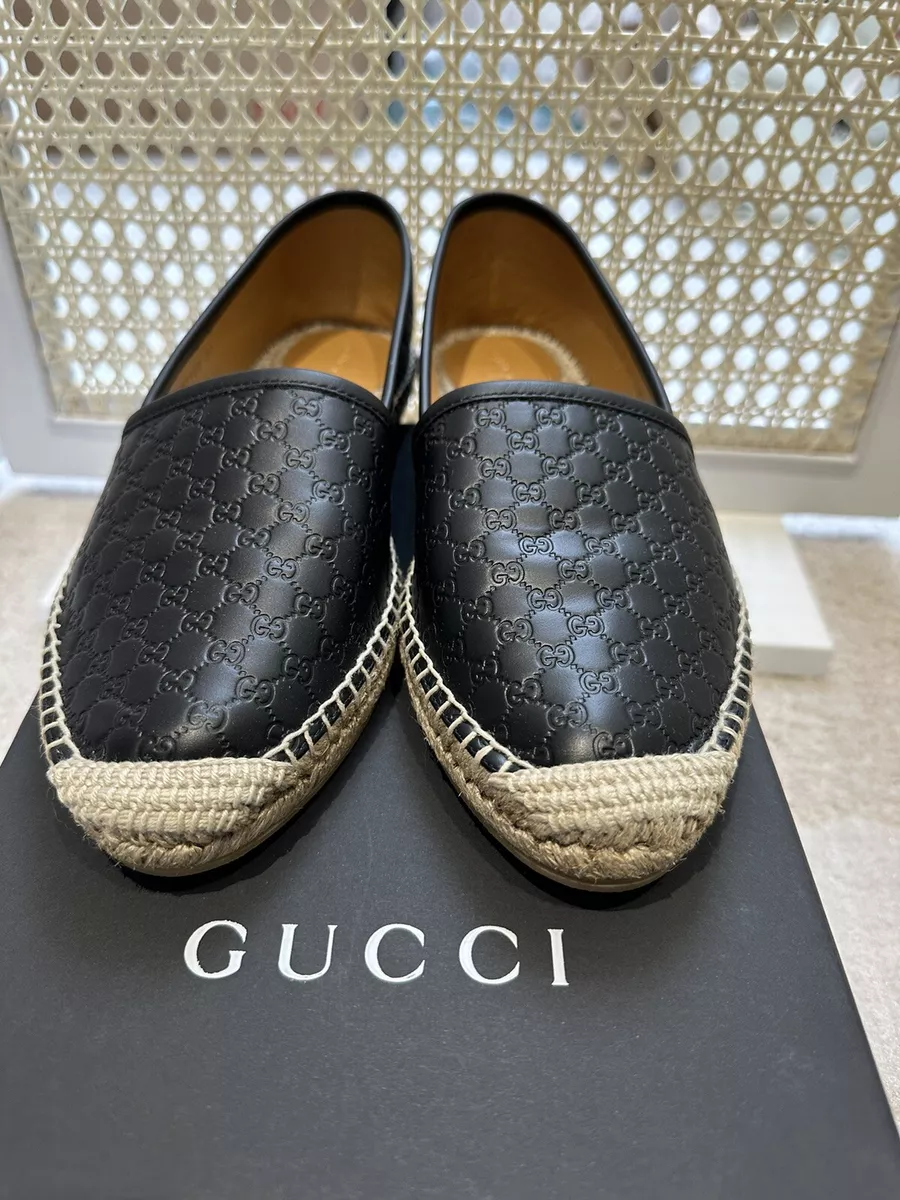 BNWT GUCCI Black Monogram Logo Black Leather Espadrilles Shoes UK