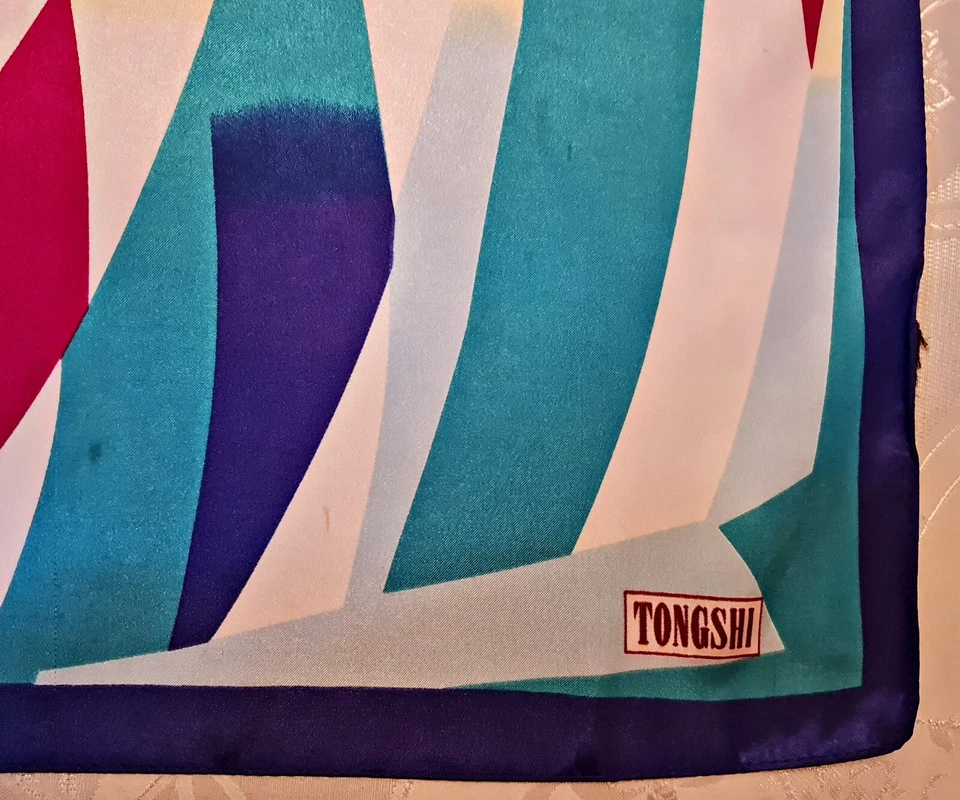 SCARF VINTAGE AUTHENTIC TONGSHI ABSTRACT MODERNISM ART BLUE BURGUNDY 35" SQUARE — 第 3/4 张图片