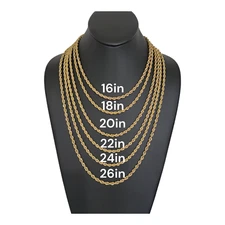 Stainless Steel Gold Plated Rope Chain 4mm Hip Hop Jewelry, Unisex, Men, Women