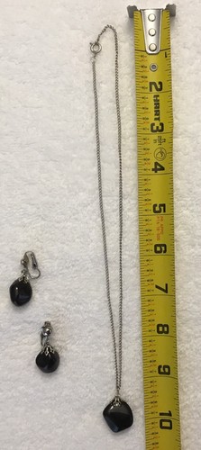 Vintage Costume Jewelry Necklace Clip On Earrings Lot Black Onyx Stone - Picture 4 of 4