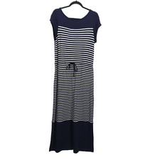 T By Talbots Women Navy Blue Striped Jersey Nautical Cap Sleeve Maxi Dress L