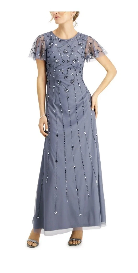 Adrianna Papell Embellished Flutter Sleeve Beaded Evening Dress
