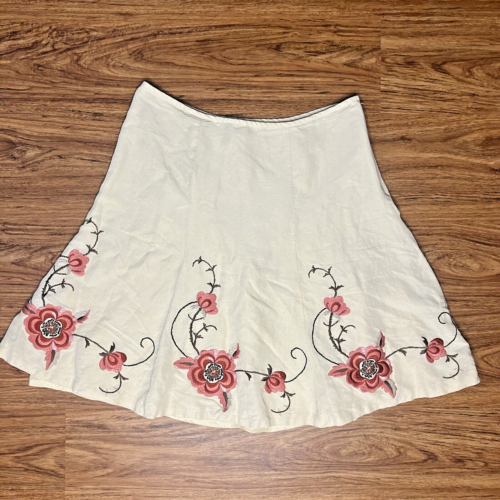 Ann Taylor Loft Women's 12 Ivory Skirt Rose Floral Embroidered Linen Blend Flare