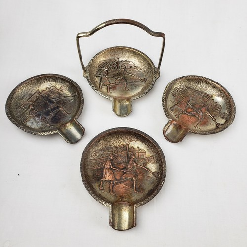 Antique Vintage Small Personal Ashtray Smoking Set of 4 Badminton Motif MCM Deco