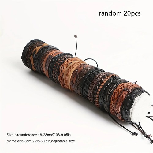 20pcs Braided Leather Bracelets, Wrap Cuff with Wood Beads Hemp for Men & Women