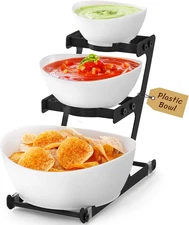 3 Tier Plastic Serving Bowls with Metal Stand, Chips and Dip Serving Tray Set fo