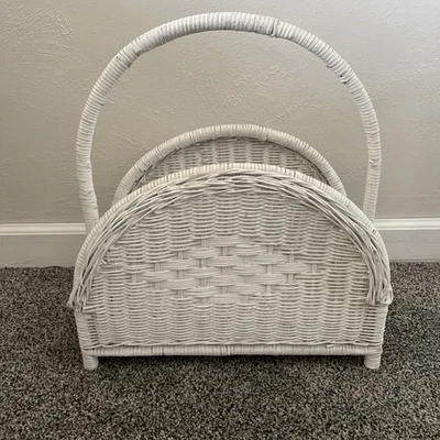 Vintage Wicker Magazine Rack Painted White Shabby Chic Cottage - Image 1 of 4