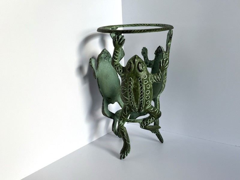 Antique Green Cast Iron Dancing Frogs Candle Holder 