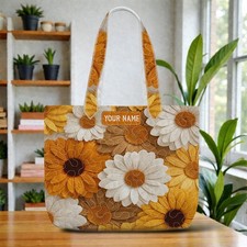 Personalized Sunflowers Quilt Tote Bag Quilted Sunflower Lover Shoulder Bag Gift