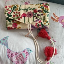 Jewelry Pocket Organizer Floral Embroidered Linen Roll & Tie Travel Pouch