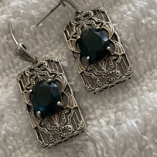 Blue Sapphire CZ 925 Sterling Silver Edwardian Style Post Earrings - Picture 3 of 14